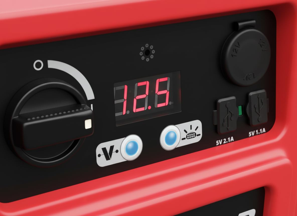 Clore Automotive unit beside charger illustrating compact size and included cord