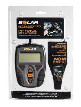 Clore Automotive SOLAR BA9 size comparison next to hand and battery, portable convenience