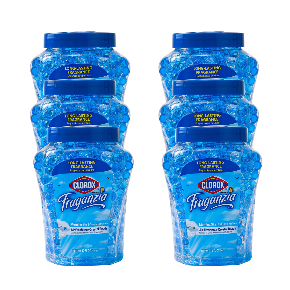 Clorox Fraganzia front packaging showing Morning Sky scent and 6-pack benefit