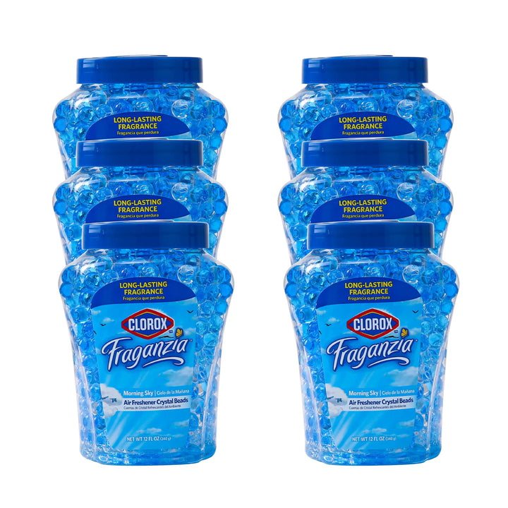 Clorox Fraganzia front packaging showing Morning Sky scent and 6-pack benefit
