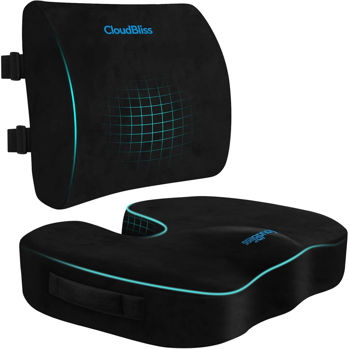 CloudBliss front view of large black cushion set showing professional look and comfort