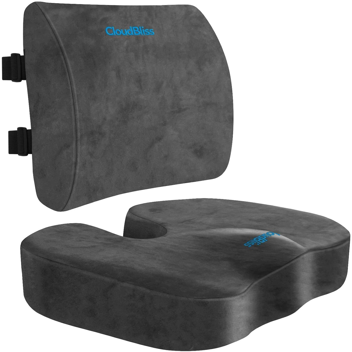 CloudBliss front view showing large grey cushion set and packaging for easy identification and benefits