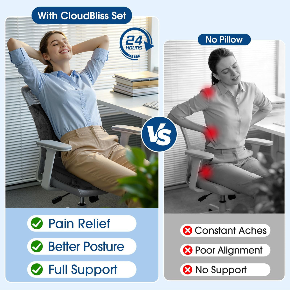 CloudBliss cushion set installed in a car seat providing travel comfort and reduced fatigue