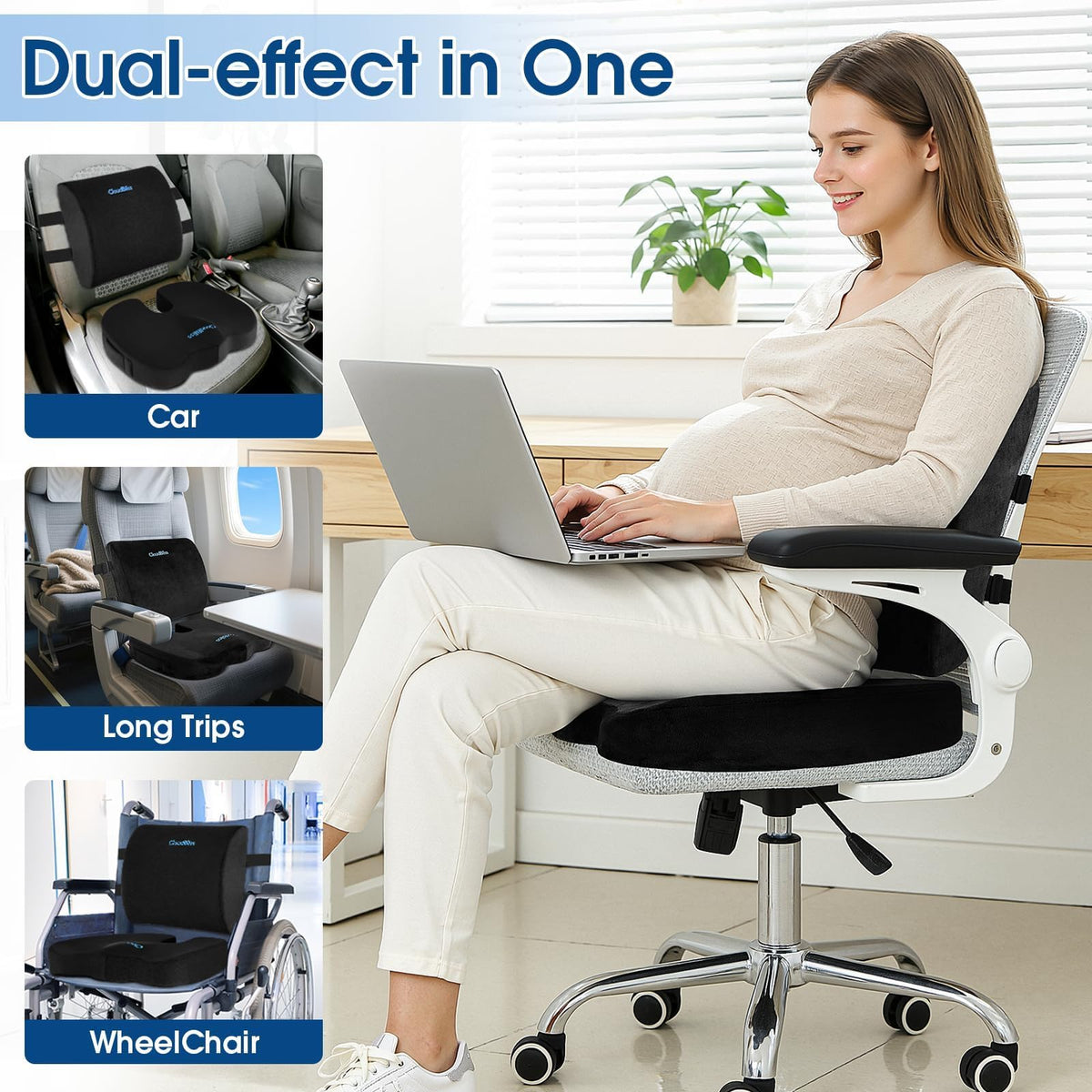 CloudBliss cushion set in car seat for travel comfort and reduced pressure