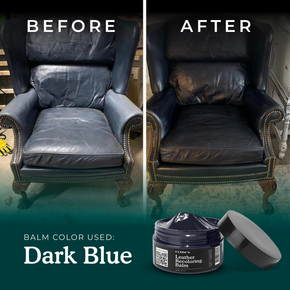 Clyde's Leather Company sofa before and after showing visible color restoration benefit: renewed furniture