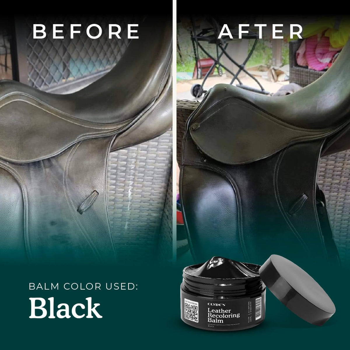 Side-by-side sofa before and after Clyde's restoration showing renewed color