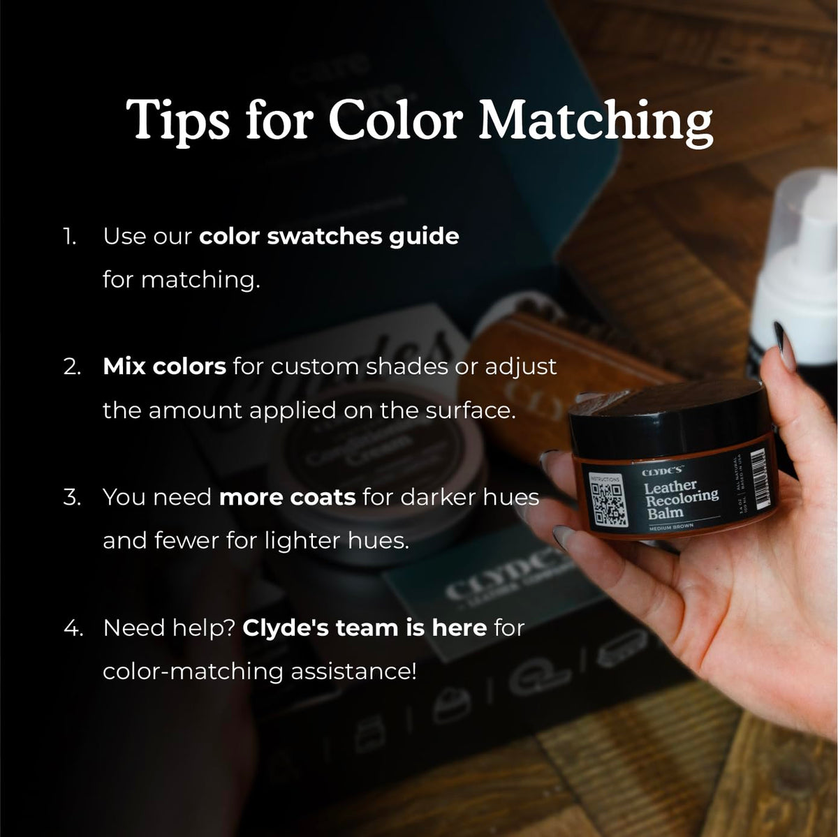 Clydes Leather Company color chart fan showing 23 shades for accurate color matching