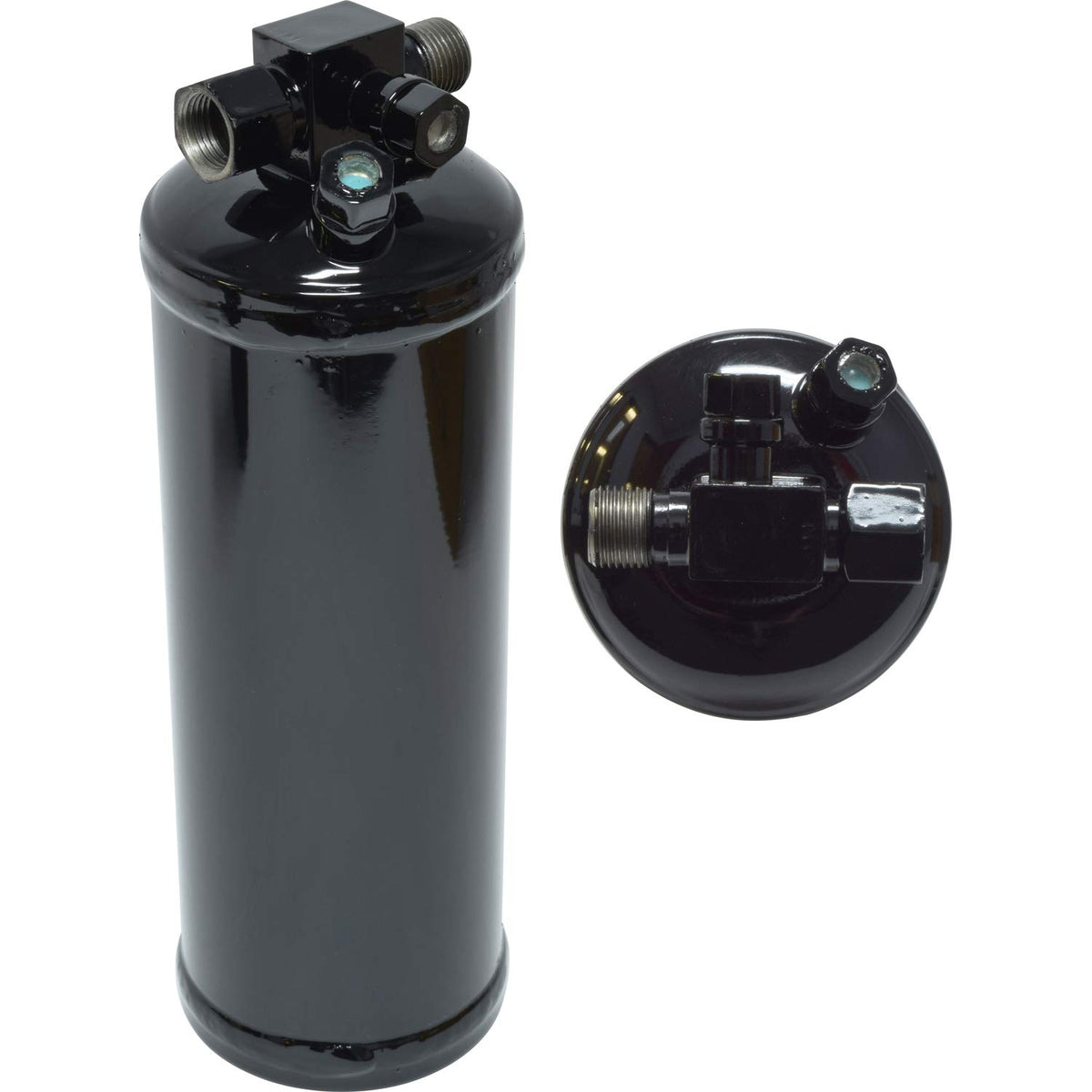 CM COMPRESSOR receiver drier front view showing inlet outlets and fitment, protects A/C components