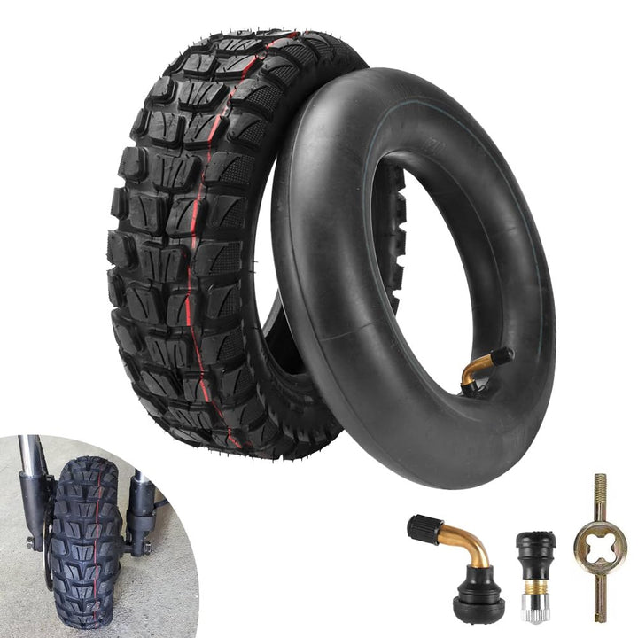 CMIYETO front profile of 90/65-6.5 tire showing aggressive tread for better grip