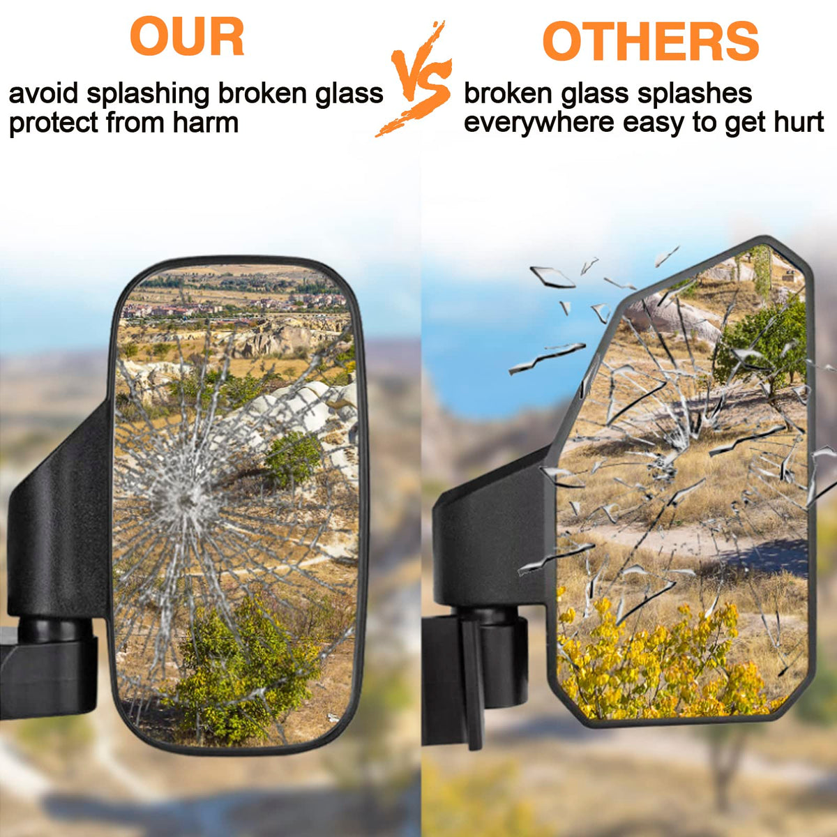 CMOOD mirror on UTV trail scene illustrating safer rear awareness benefit