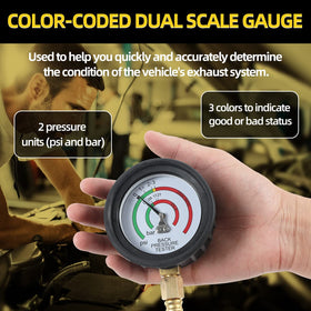 CMTOOL gauge close-up showing PSI/Bar scales and three color bands for easy interpretation