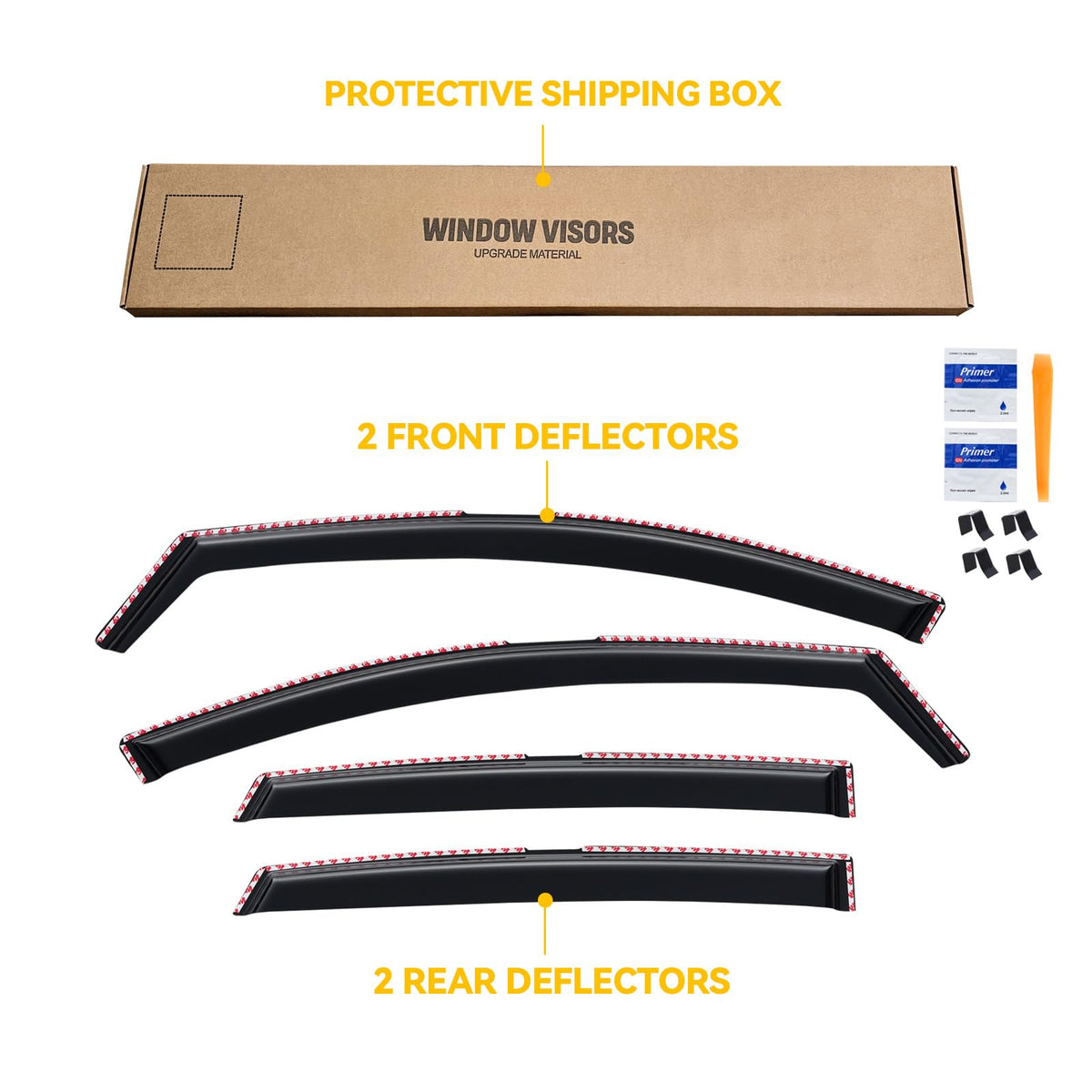 CMVT Auto packaged four-piece visor kit laid out showing complete set and ready-to-install convenience