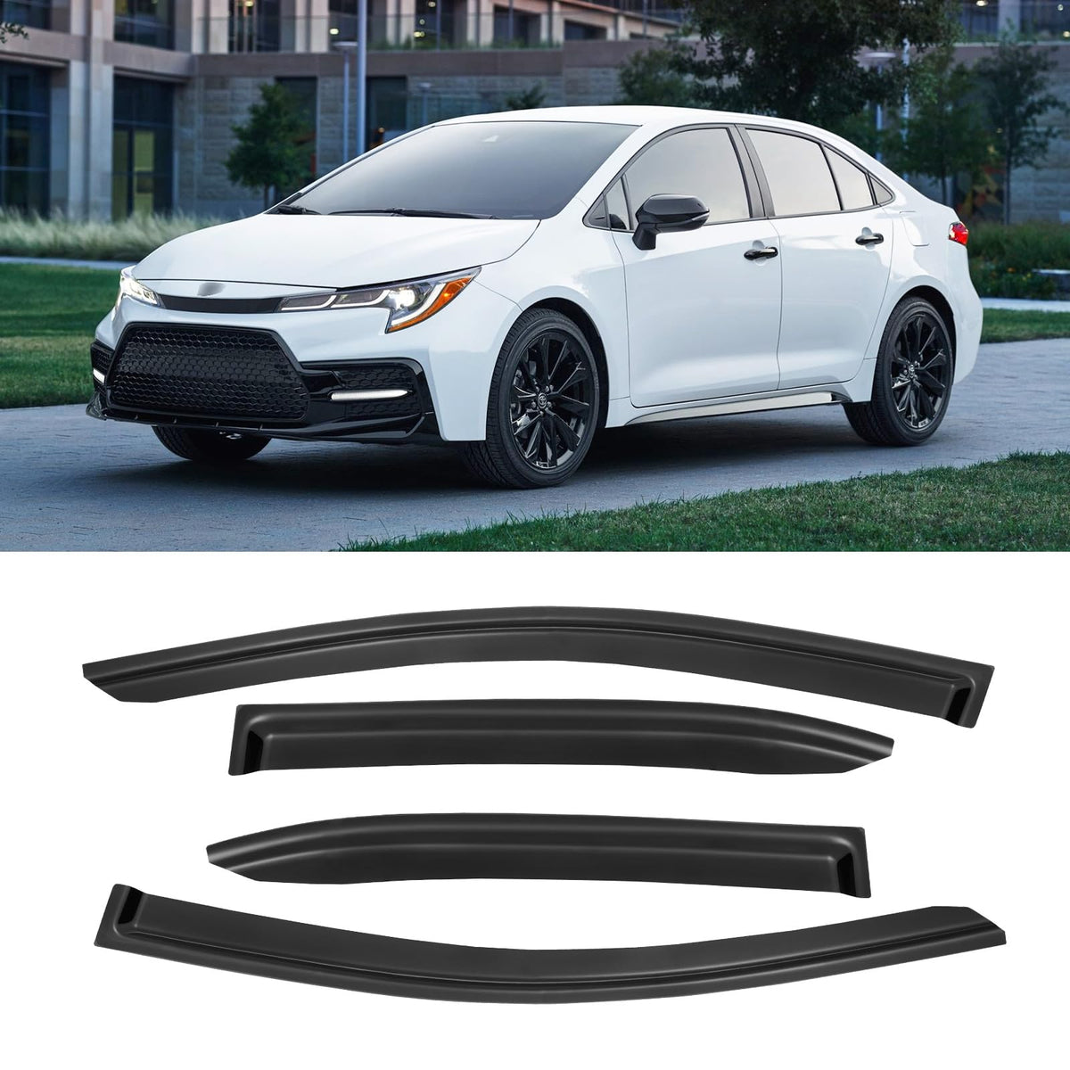 CMVT Auto visors on Corolla in rain demonstrating water deflection and cabin airflow