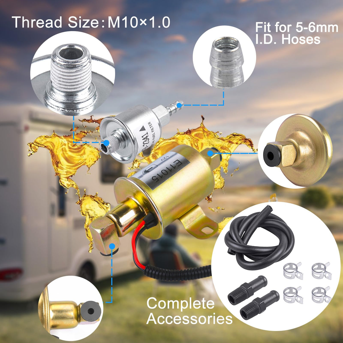 CNRAQR supplied fuel hose and four clamps displayed for leak-free installation