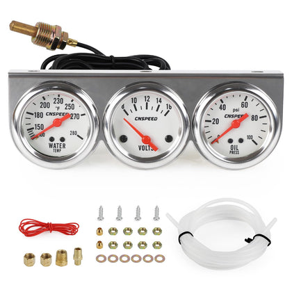 CNSPEED triple gauge front view showing clear dials and chrome trim for easy monitoring