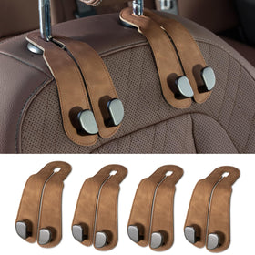CoBak front view of four brown leather seat hooks showing elegance and organization benefit
