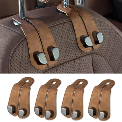 CoBak front view of four brown leather seat hooks showing elegance and organization benefit
