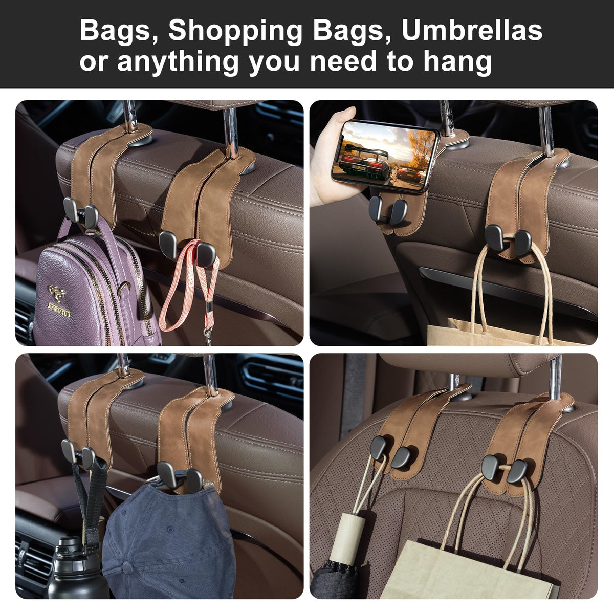 CoBak hook in use on a headrest holding two handbags for tidy, accessible storage