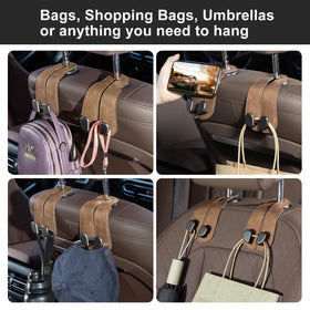 CoBak hook in use on a headrest holding two handbags for tidy, accessible storage