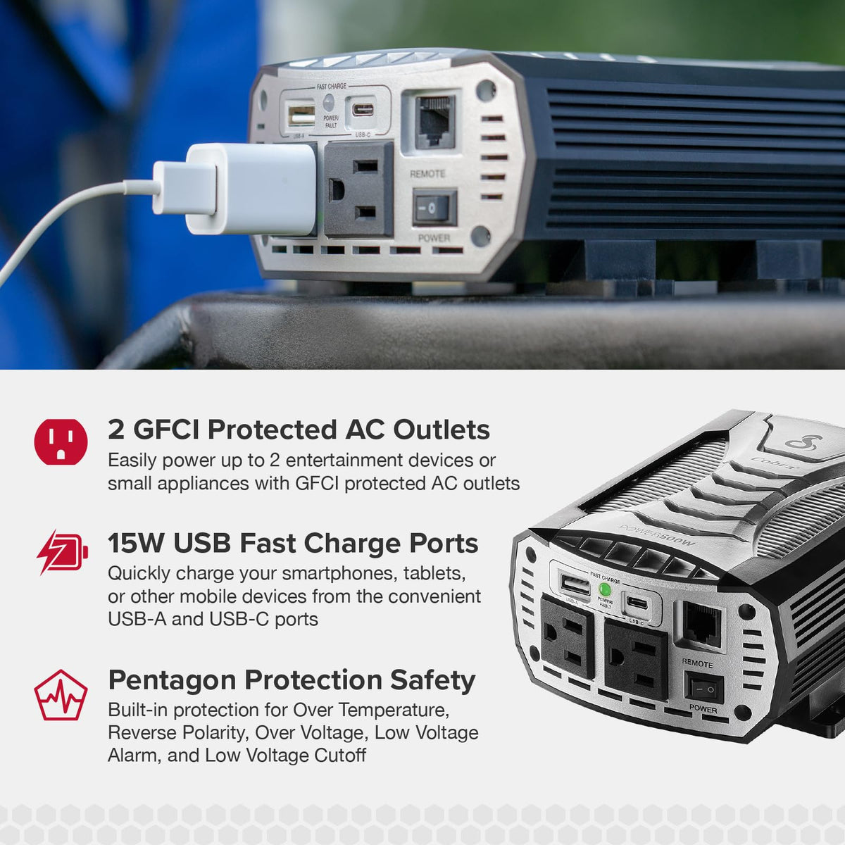 COBRA heavy-duty battery and 12V accessory cables included for secure vehicle connection