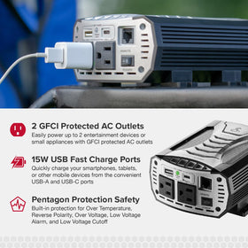COBRA heavy-duty battery and 12V accessory cables included for secure vehicle connection