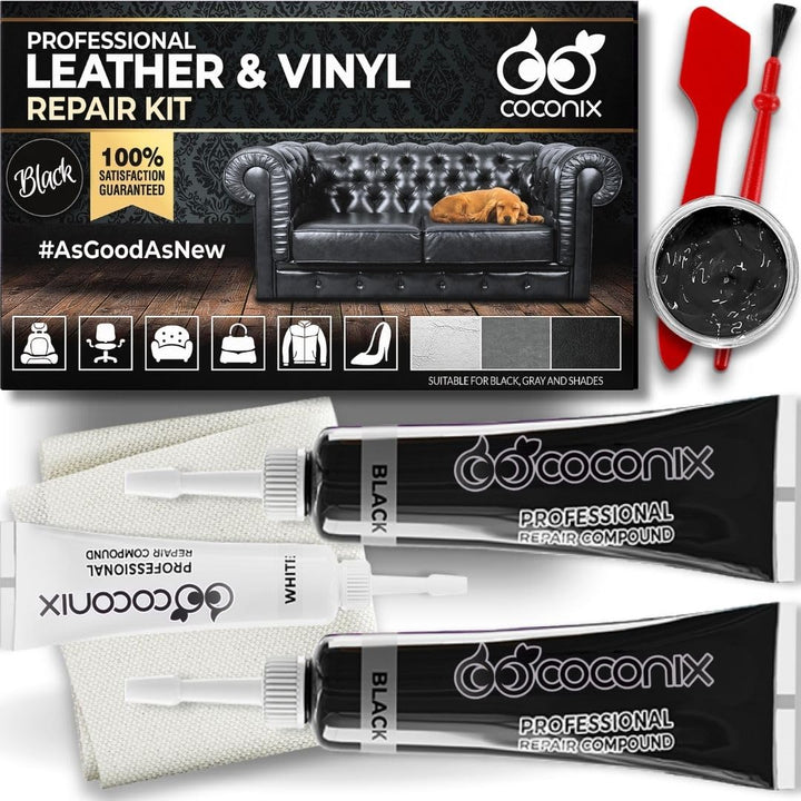 COCONIX front packaging of black leather repair kit showing full kit contents for easy restores