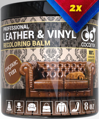 COCONIX front packaging showing cognac tan balm and kit components for quick restoration