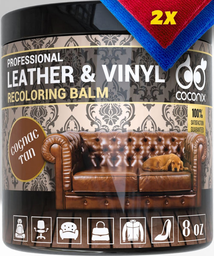 COCONIX front packaging showing cognac tan balm and kit components for quick restoration