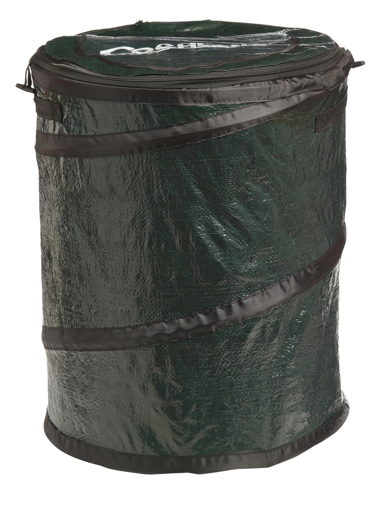Coghlan's mini pop-up trash can front view shows compact, durable outdoor bin benefit tidy camp