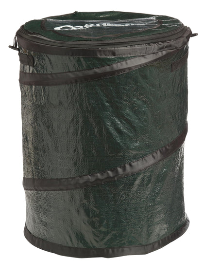 Coghlan's mini pop-up trash can front view shows compact, durable outdoor bin benefit tidy camp