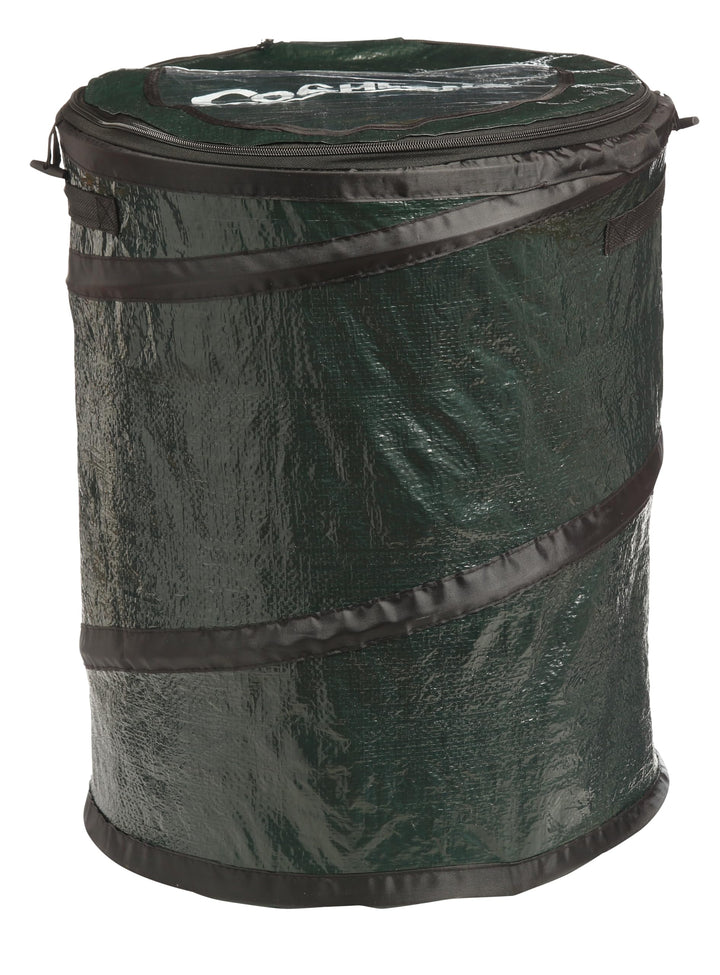 Coghlan's mini pop-up trash can front view shows compact, durable outdoor bin benefit tidy camp