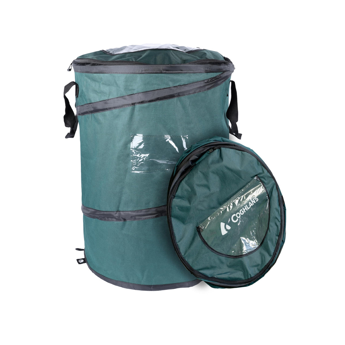 Coghlan's front view showing open trash can and capacity benefit
