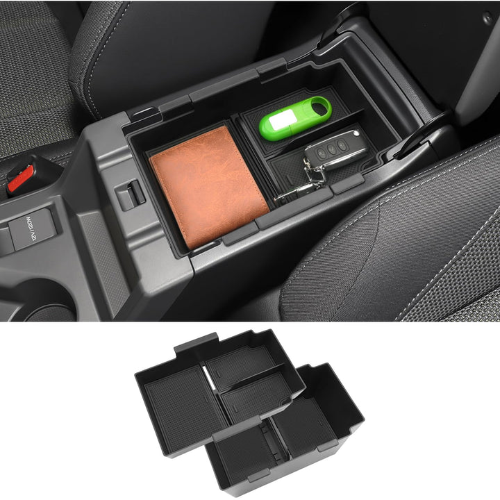 Coleya front view of console organizer showing neat two-layer storage and easy access