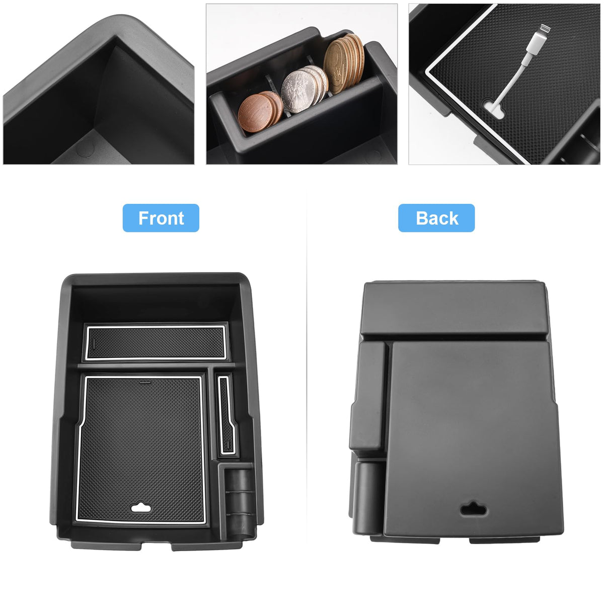 Coleya installed in Sorento armrest with lid open for no-tools fit benefit