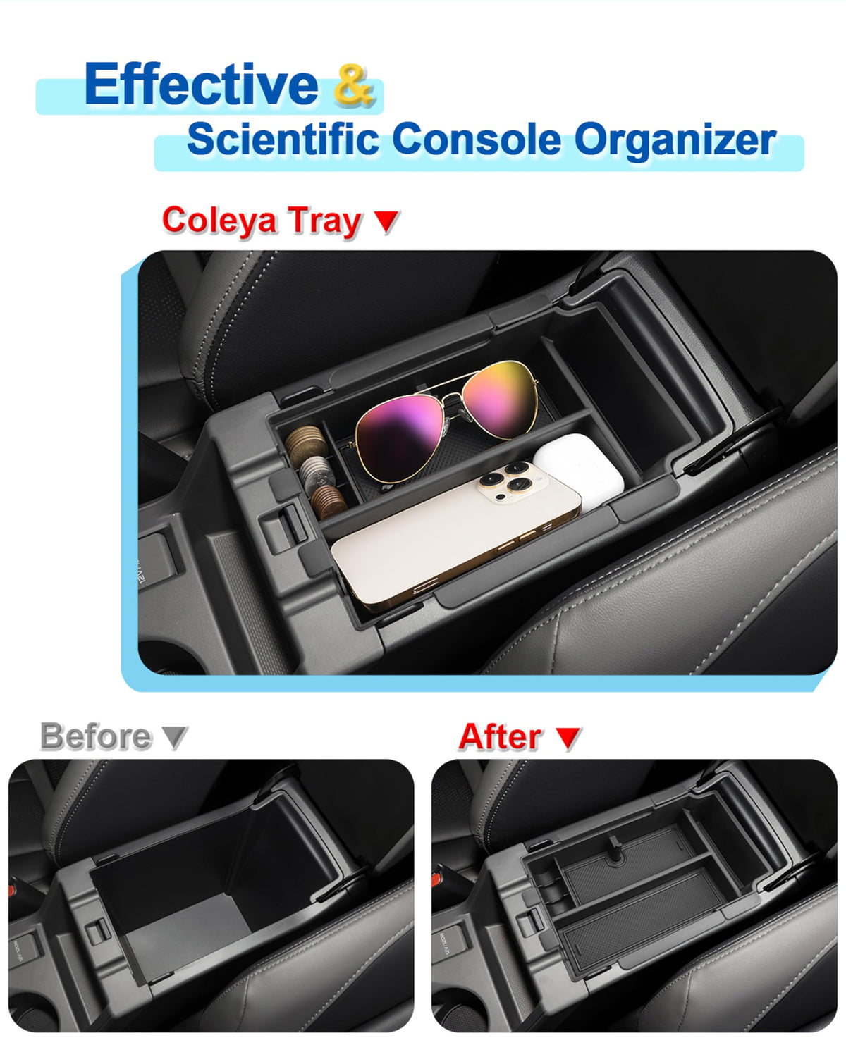 Coleya filled with phone keys sunglasses demonstrating organized convenience