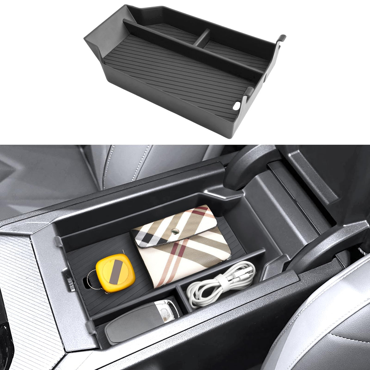 Coleya front tray insert fitted in BMW X3 armrest keeps items organized