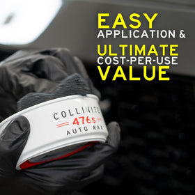 Collinite-treated hood with pronounced water beading demonstrating hydrophobic benefit