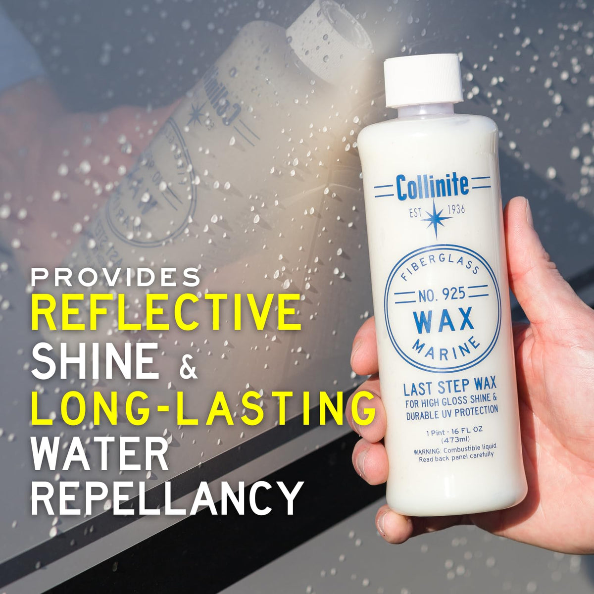 Collinite 925 close-up of label highlighting UV and salt protection benefit