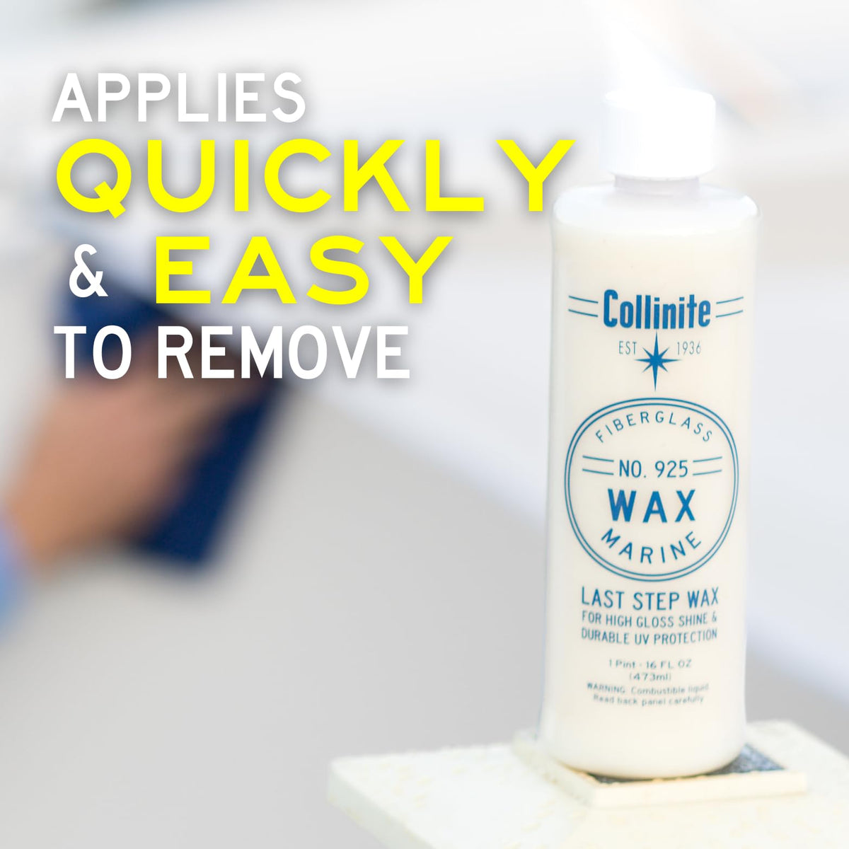 Collinite 925 used on docked boat delivering long-lasting glossy finish