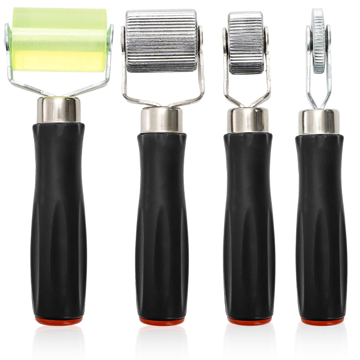Coloch front view of four-piece roller set showing handles and wheels for quick pressing