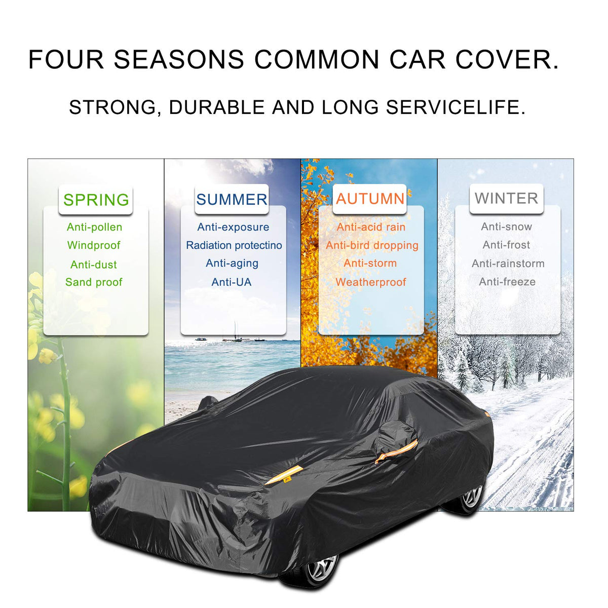 COLOR RAIN TIME cover next to sedan for size comparison and proper fit