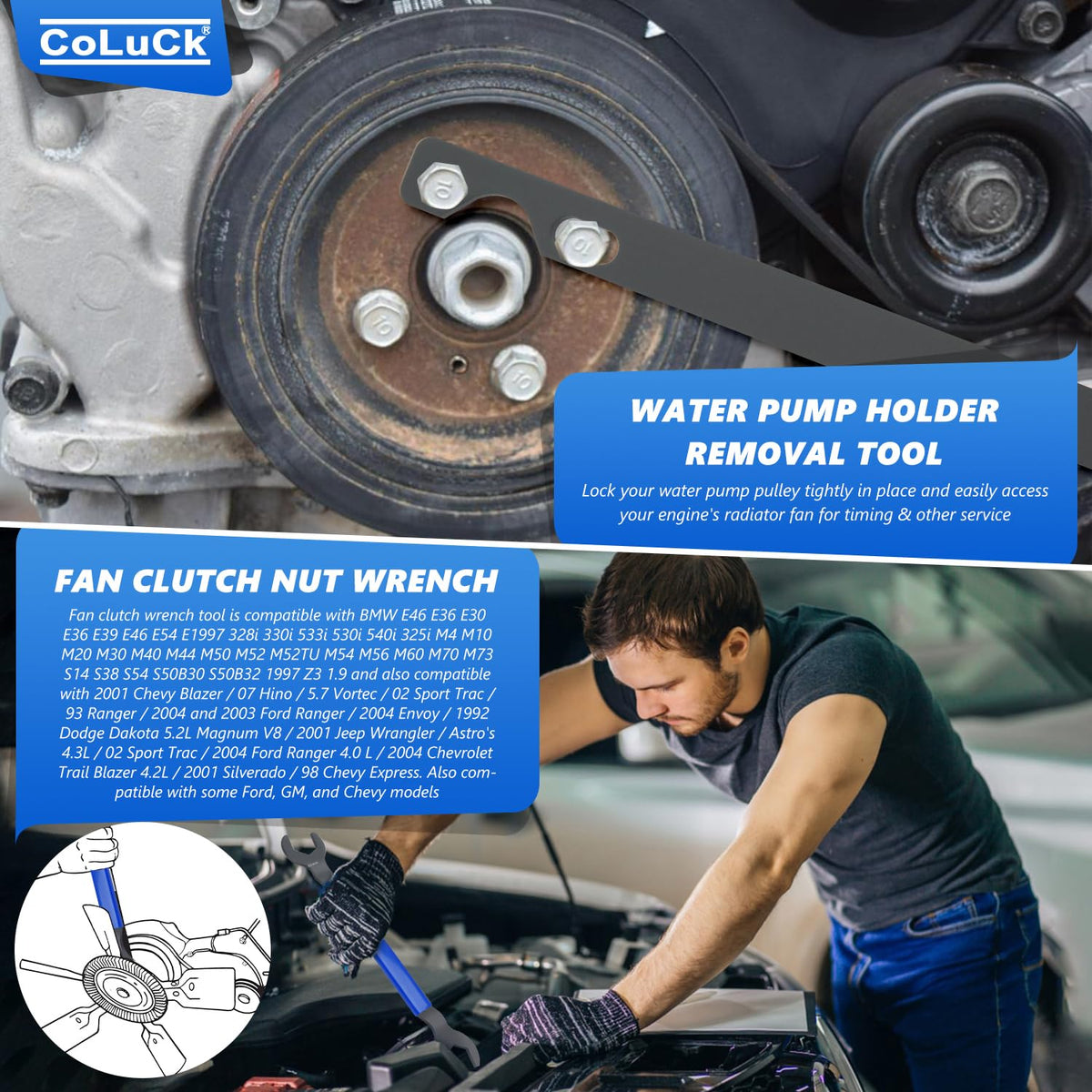 CoLuck pulley holder bar detail illustrating bolt holes and secure locking for water pump stability during service