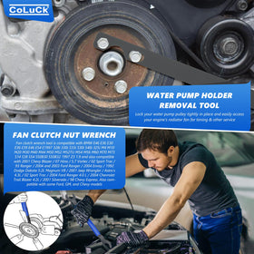 CoLuck pulley holder bar detail illustrating bolt holes and secure locking for water pump stability during service
