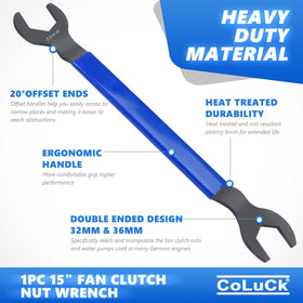 CoLuck wrenches beside a ruler showing 15-inch length for extra leverage and improved stubborn-nut removal
