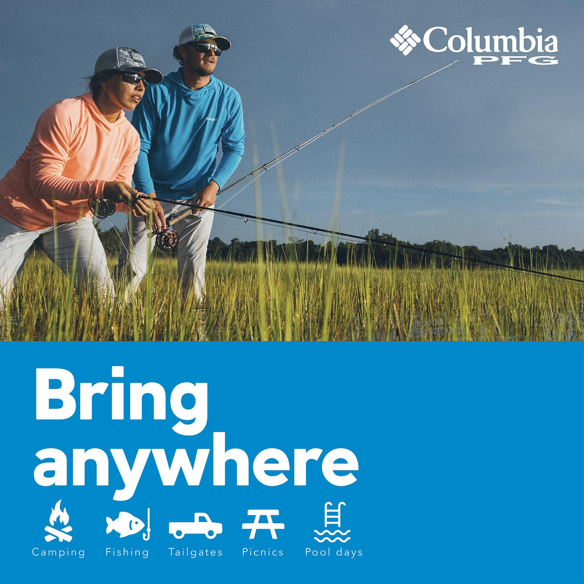 Columbia adjustable Backsaver shoulder strap shown on person for comfortable carry