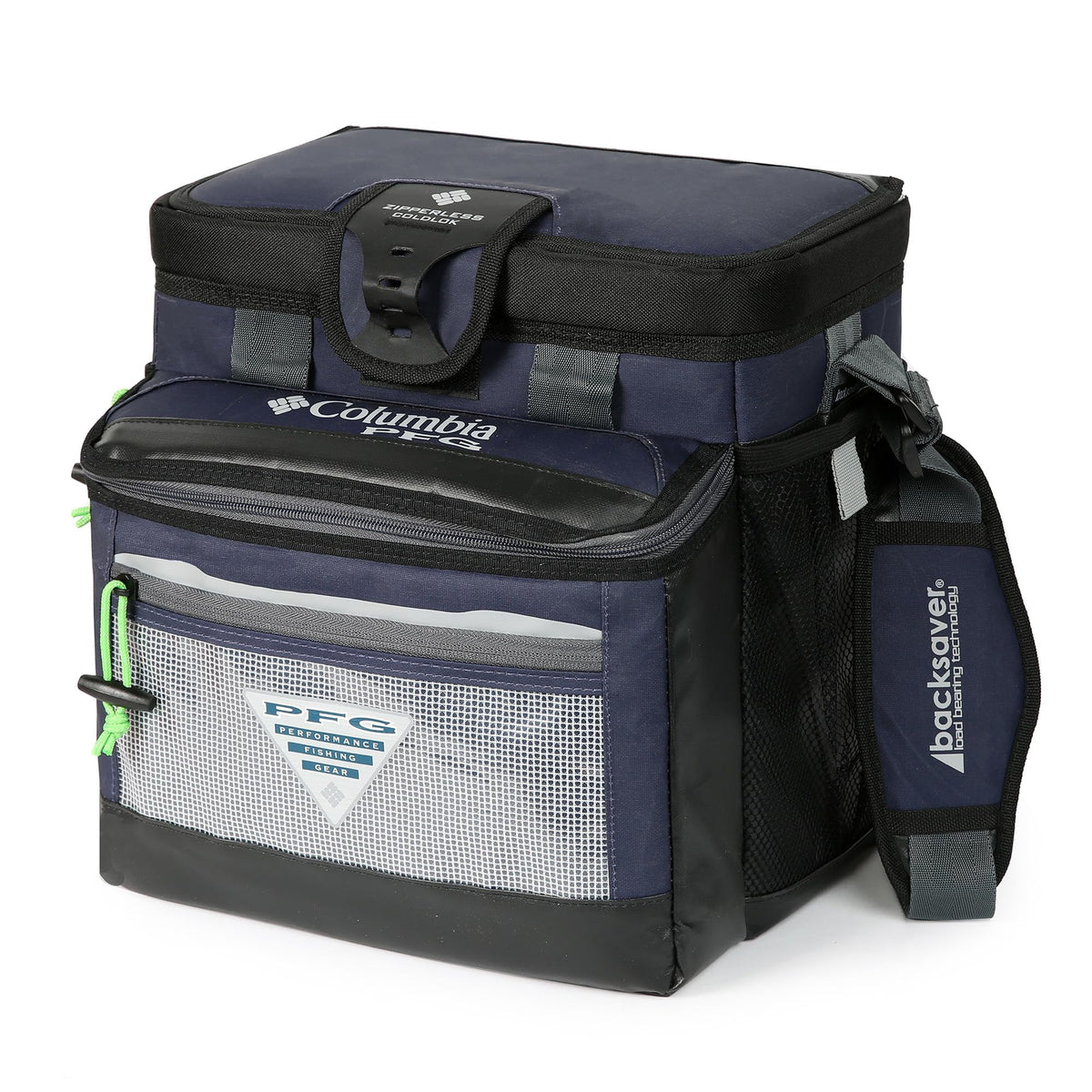 Columbia front view of cooler showing capacity and navy color, convenient access