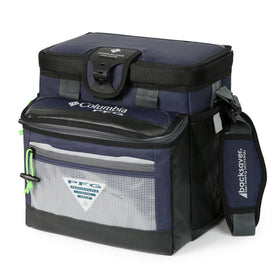 Columbia front view of cooler showing capacity and navy color, convenient access