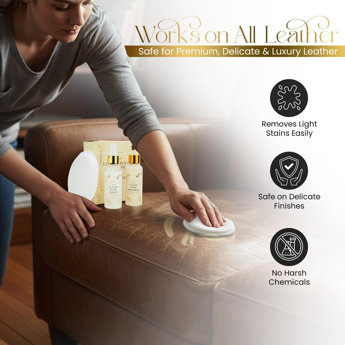 Leather sofa with product in scene showing home-care convenience