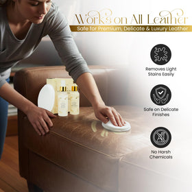 Leather sofa with product in scene showing home-care convenience