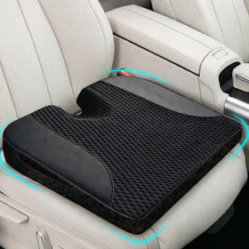 ComfiLumba front view black mesh cushion showing ergonomic shape and improved comfort